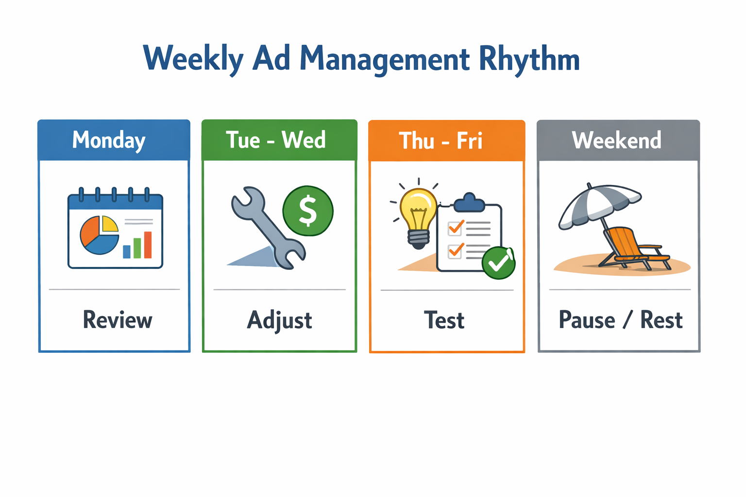 Weekly ad management rhythm infographic showing tasks for Monday (Review), Tue&ndash;Wed (Adjust), Thu&ndash;Fri (Test), and Weekend (Pause/Rest).