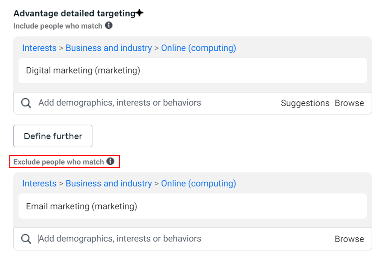 Screenshot showing Meta Detailed Targeting exclusions in Meta Ads Manager