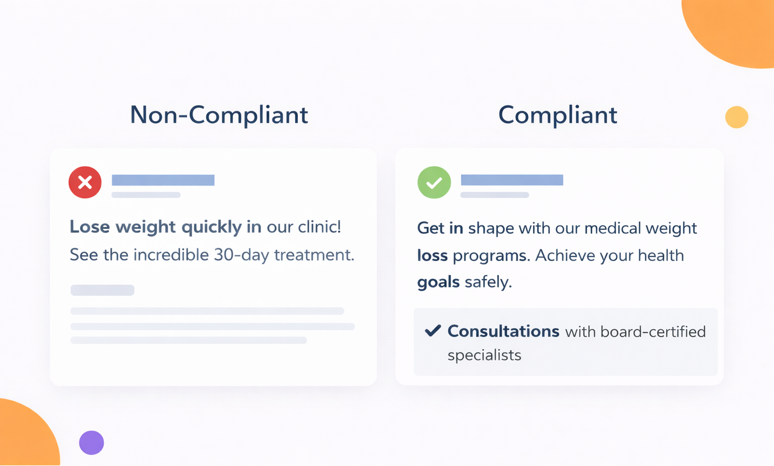 Example of compliant vs non-compliant Facebook healthcare ad copy with clear text-only comparison.