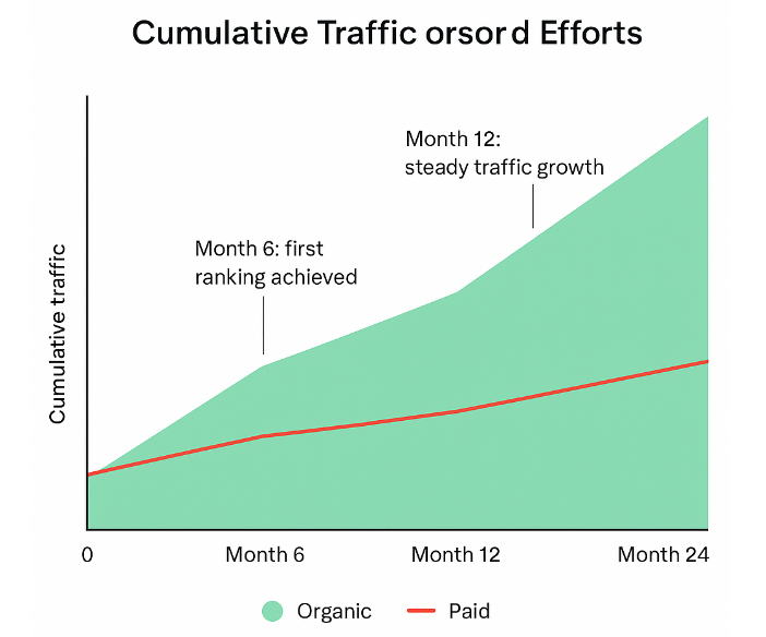 Line chart showing cumulative traffic or leads over time from organic marketing versus paid efforts, highlighting how organic growth compounds