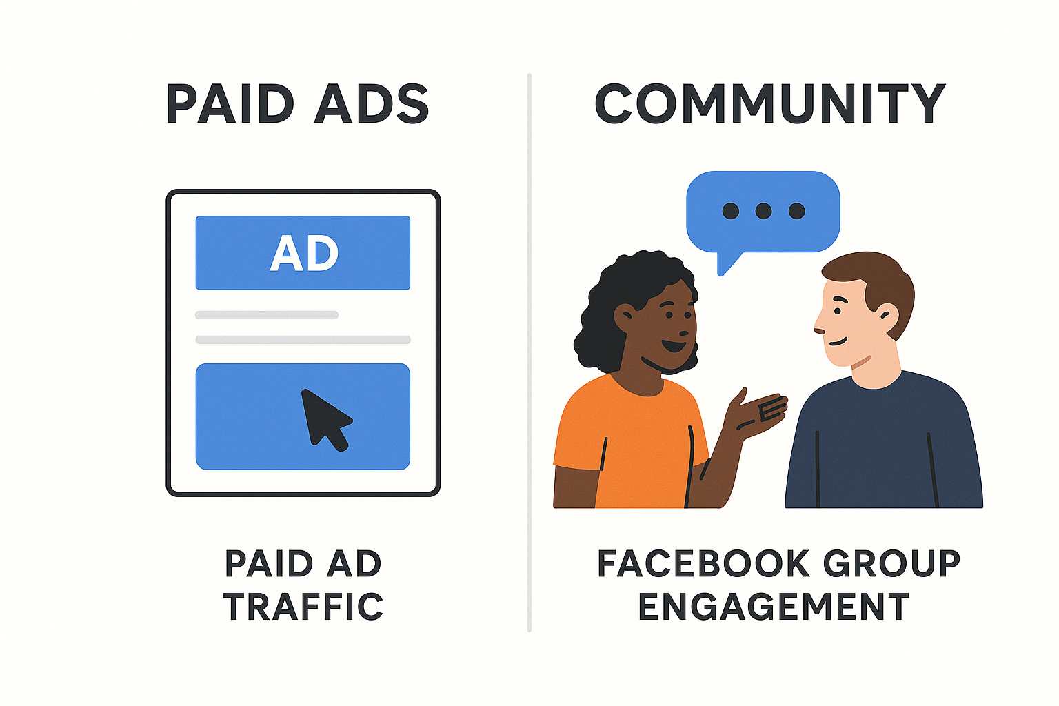 Split-screen graphic comparing paid ad traffic (click icon) with Facebook Group engagement (two people talking).