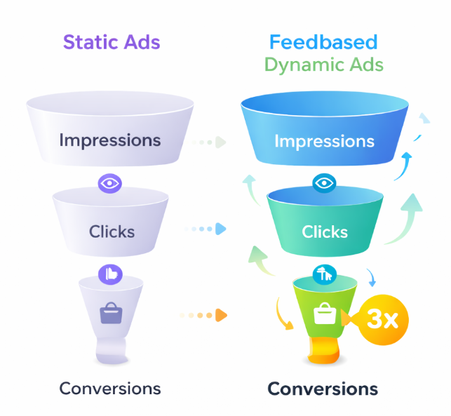 Infographic showing conversion funnel comparison where dynamic product ads generate up to three times more conversions than static ads