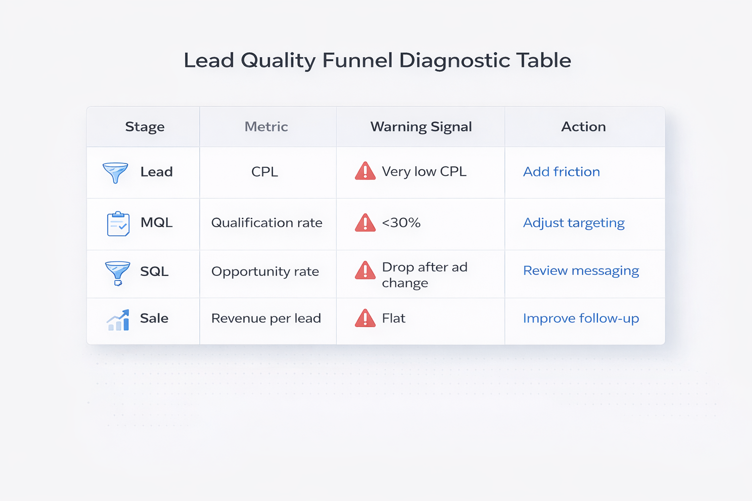 Lead quality funnel diagnostic table for Meta Ads showing CPL, qualification rate, opportunity rate, and revenue per lead metrics