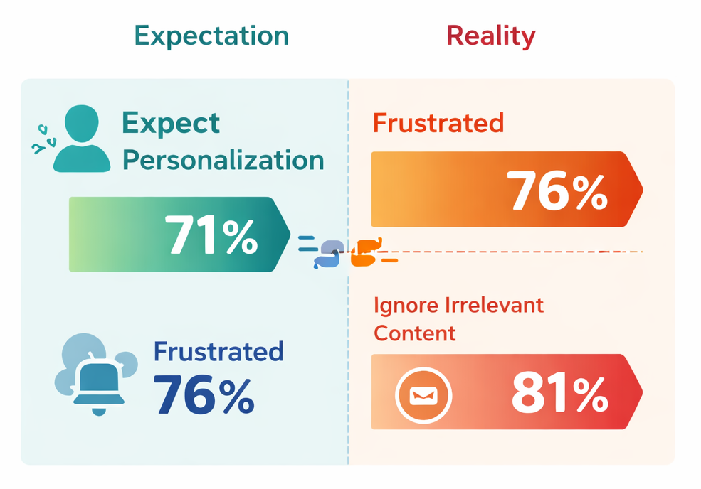 Comparison chart showing that most consumers expect personalized marketing, while a similar percentage feel frustrated or ignore irrelevant messages due to lack of personalization