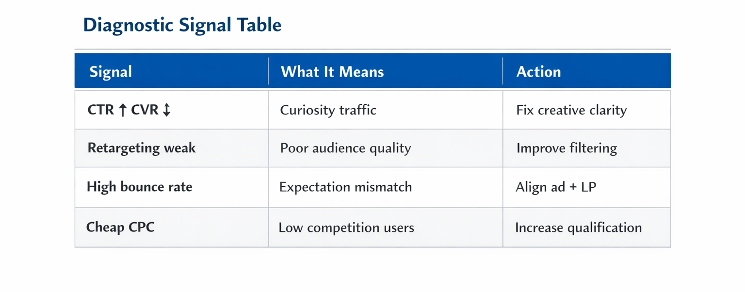 Diagnostic signal table showing CTR, CVR, bounce rate, and CPC issues with corresponding actions