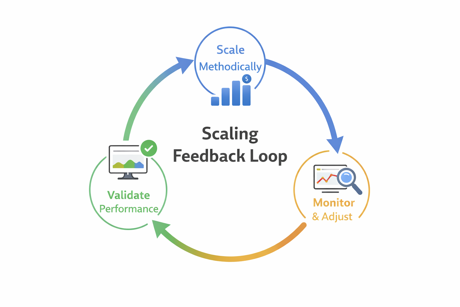 Circular diagram showing the scaling feedback loop: Validate Performance, Scale Methodically, and Monitor & Adjust.