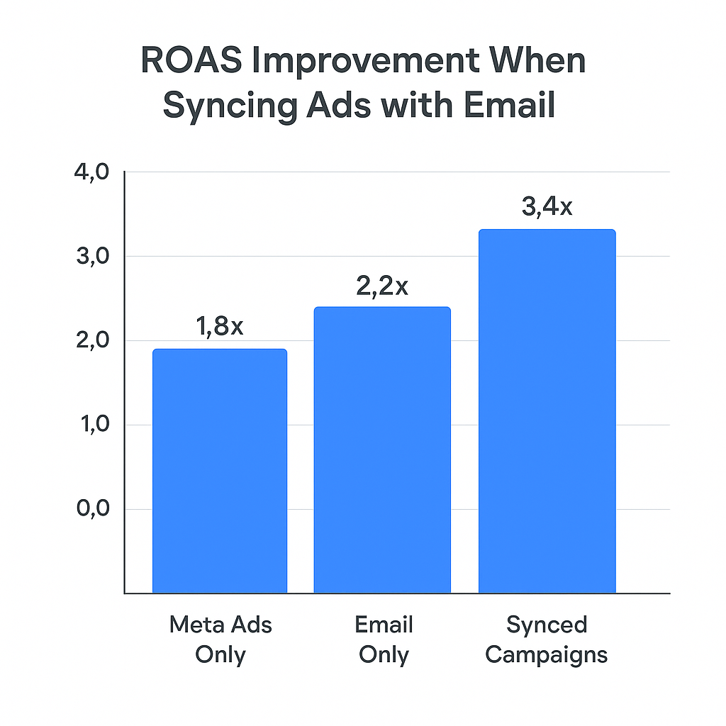 Bar graph comparing ROAS: Meta Ads Only (1.8x), Email Only (2.2x), Synced Campaigns (3.4x). Synced campaigns show the highest return.