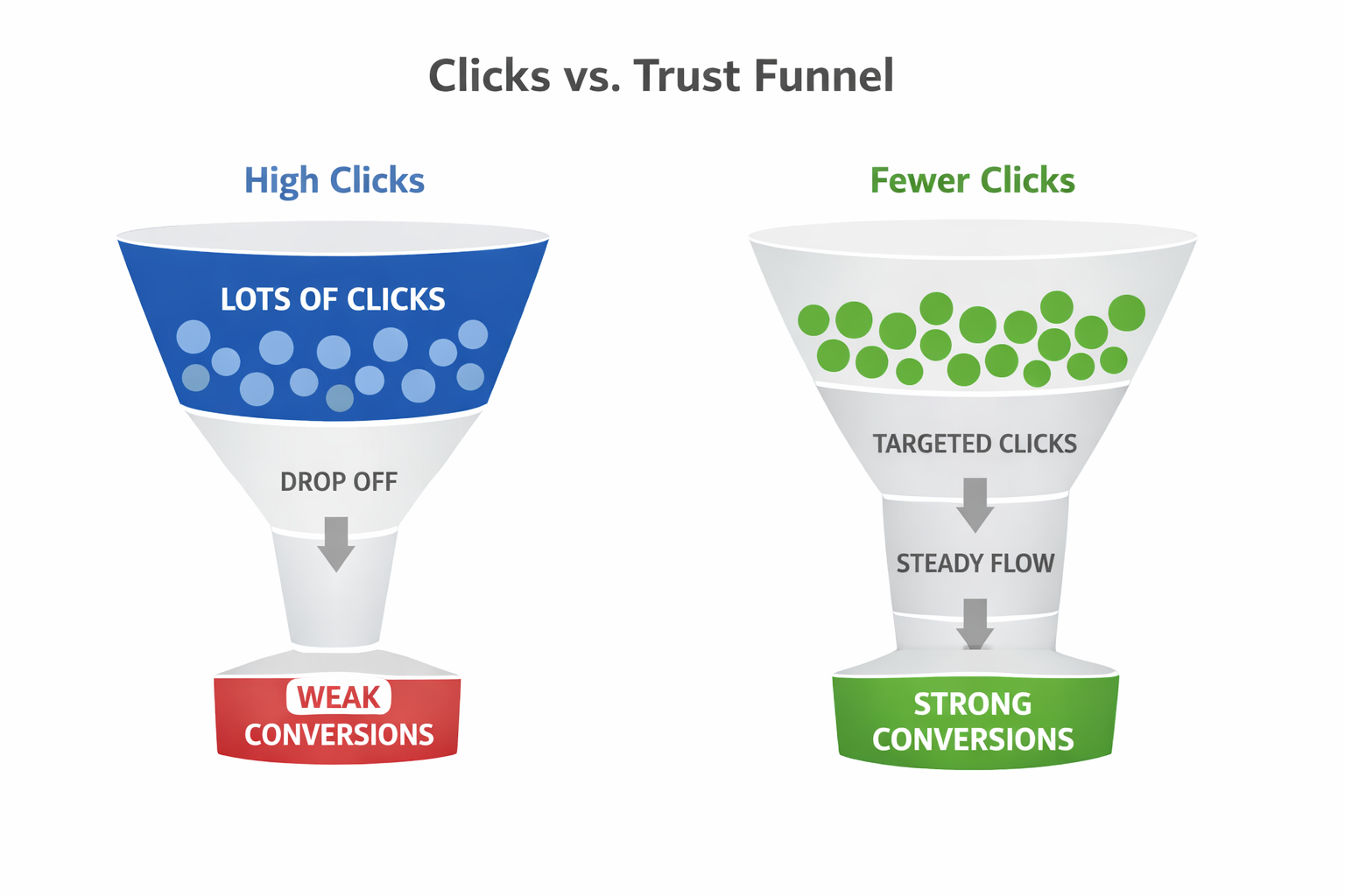 Comparison of two ad funnels showing high clicks with drop-off versus fewer clicks with stronger conversions.