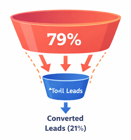Funnel visualization showing that 79% of leads do not convert due to lack of effective nurturing