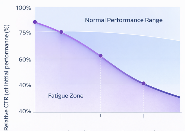 Line graph illustrating a 40&ndash;60% decline in click-through rates for an ad creative as exposure frequency increases