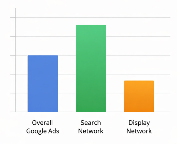 Bar chart showing three average conversion rate values: overall Google Ads at 1.91%, search ads at 4.40%, and display ads at 0.57%