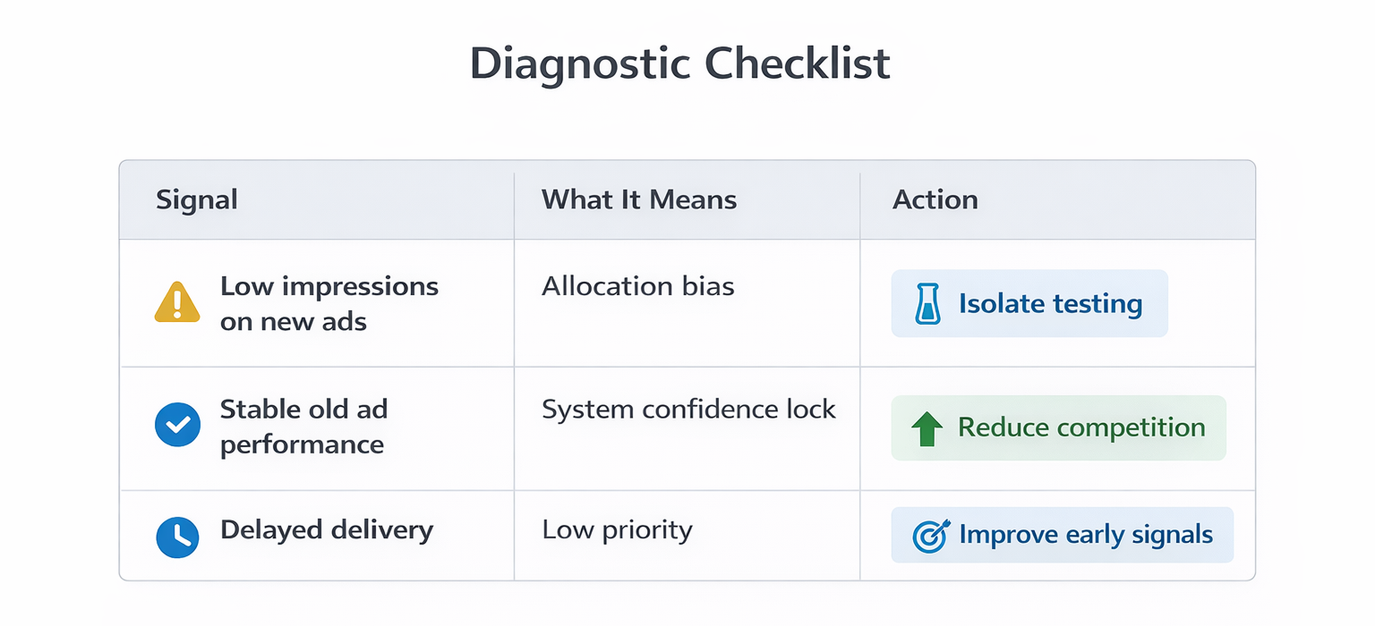 Facebook ads diagnostic signals and actions