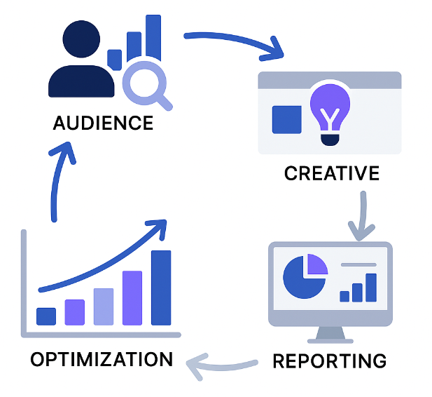 Infographic showing stages of AI-driven Facebook ads: audience modeling, creative generation, optimization, and reporting in a process flow
