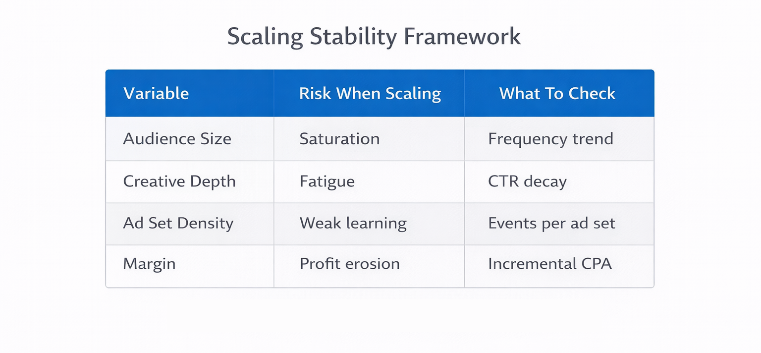 Pre-scaling audit table showing audience size, creative depth, ad set density, and margin risks