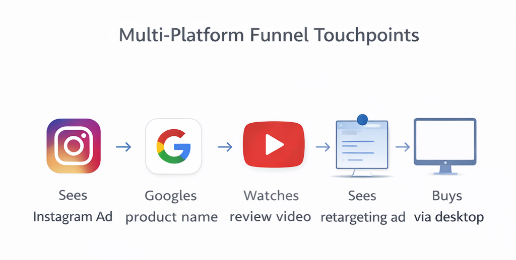 Visual timeline of a buyer journey across Instagram, Google, YouTube, retargeting ads, and desktop conversion.