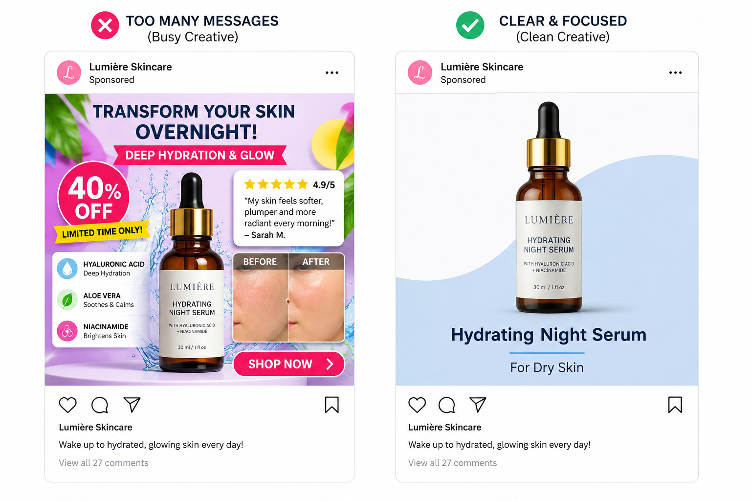 Comparison of a cluttered skincare Instagram ad with too many promotional elements versus a clean ad focused on one product and one message.