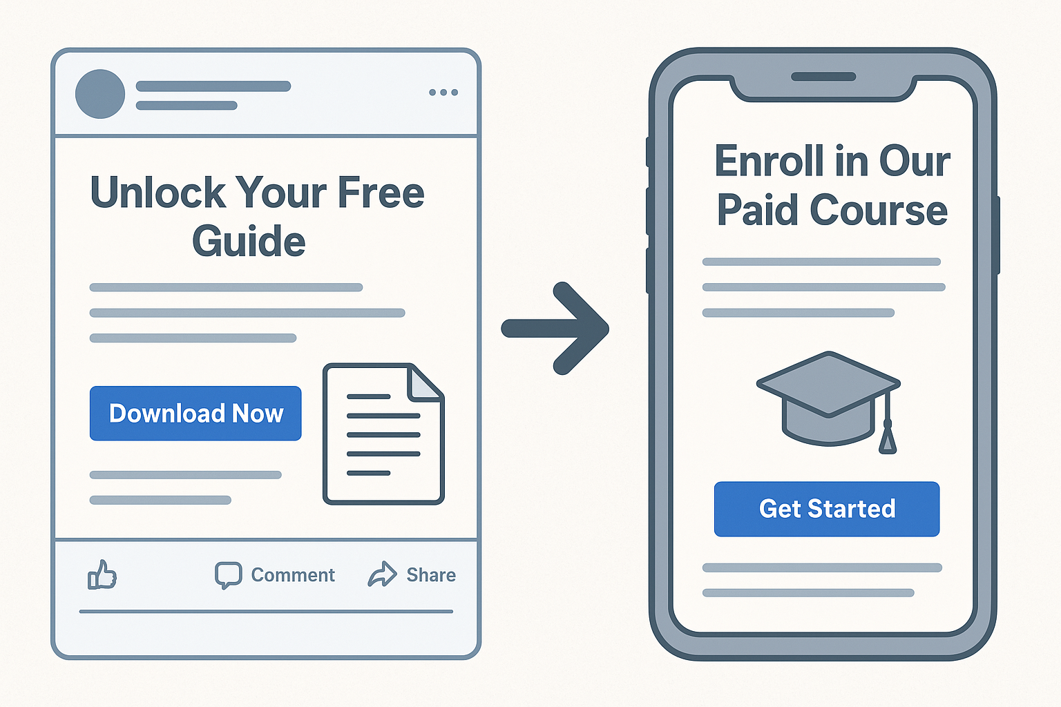 Side-by-side mockups showing a Facebook ad offering a free guide and a mismatched landing page promoting a paid course, highlighting message inconsistency.