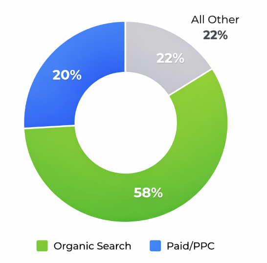 Donut chart showing organic search accounts for about 57.8% of web traffic compared to paid and other channels