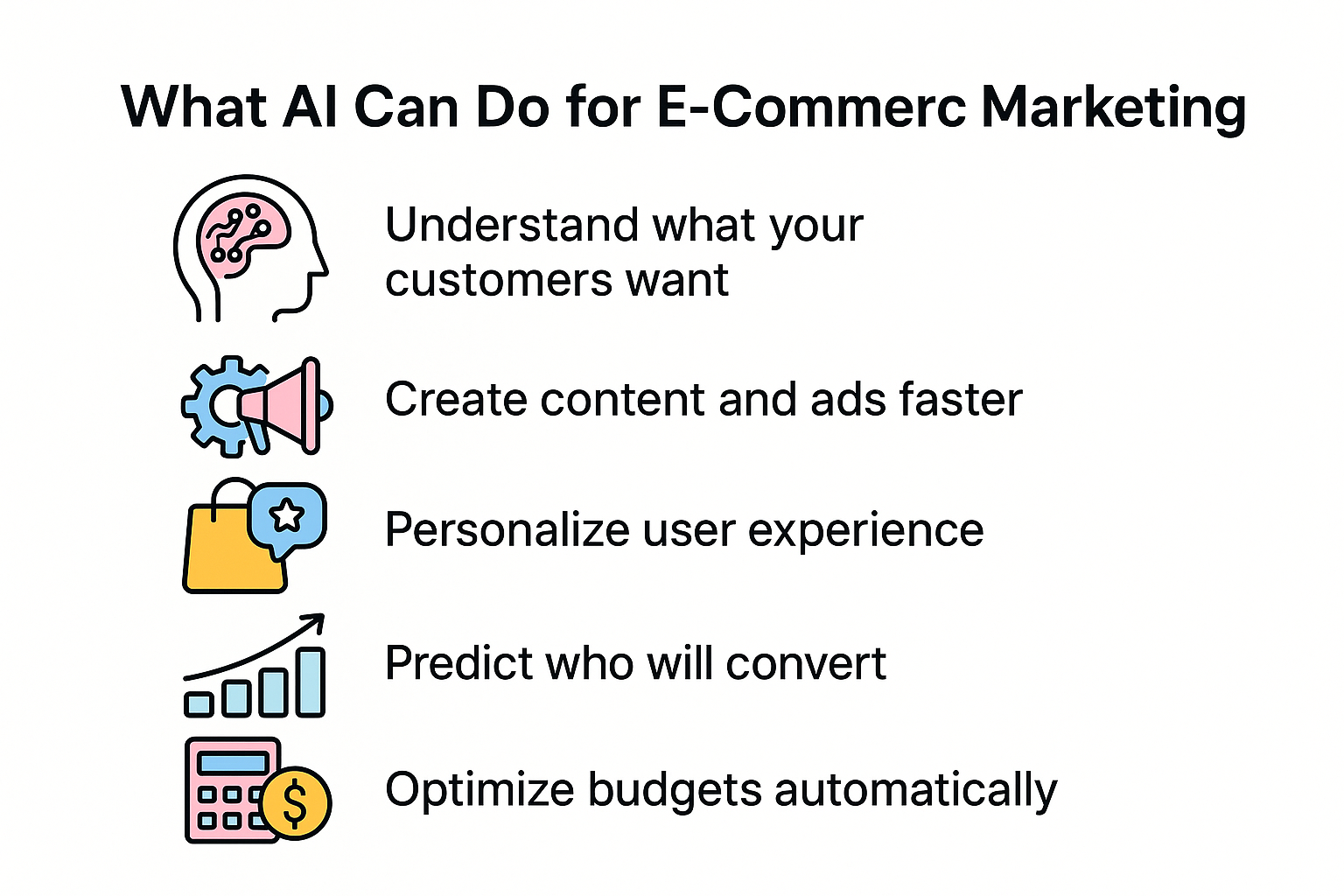 Infographic listing five e-commerce marketing uses of AI with icons.