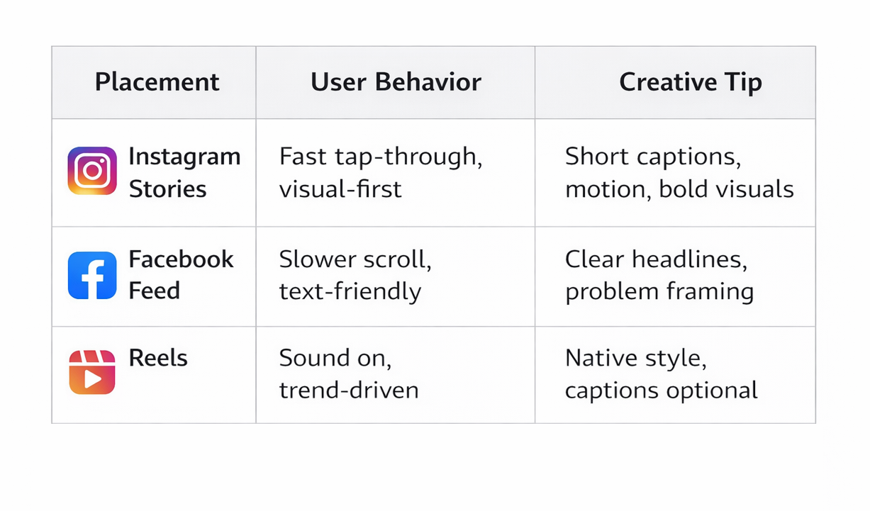 Ad placement comparison table: Instagram Stories, Facebook Feed, Reels — behaviors and creative tips