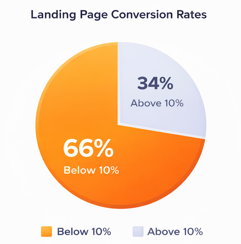 Pie chart showing 66% of marketers reporting landing page conversion rates below 10% and 34% reporting higher conversion rates