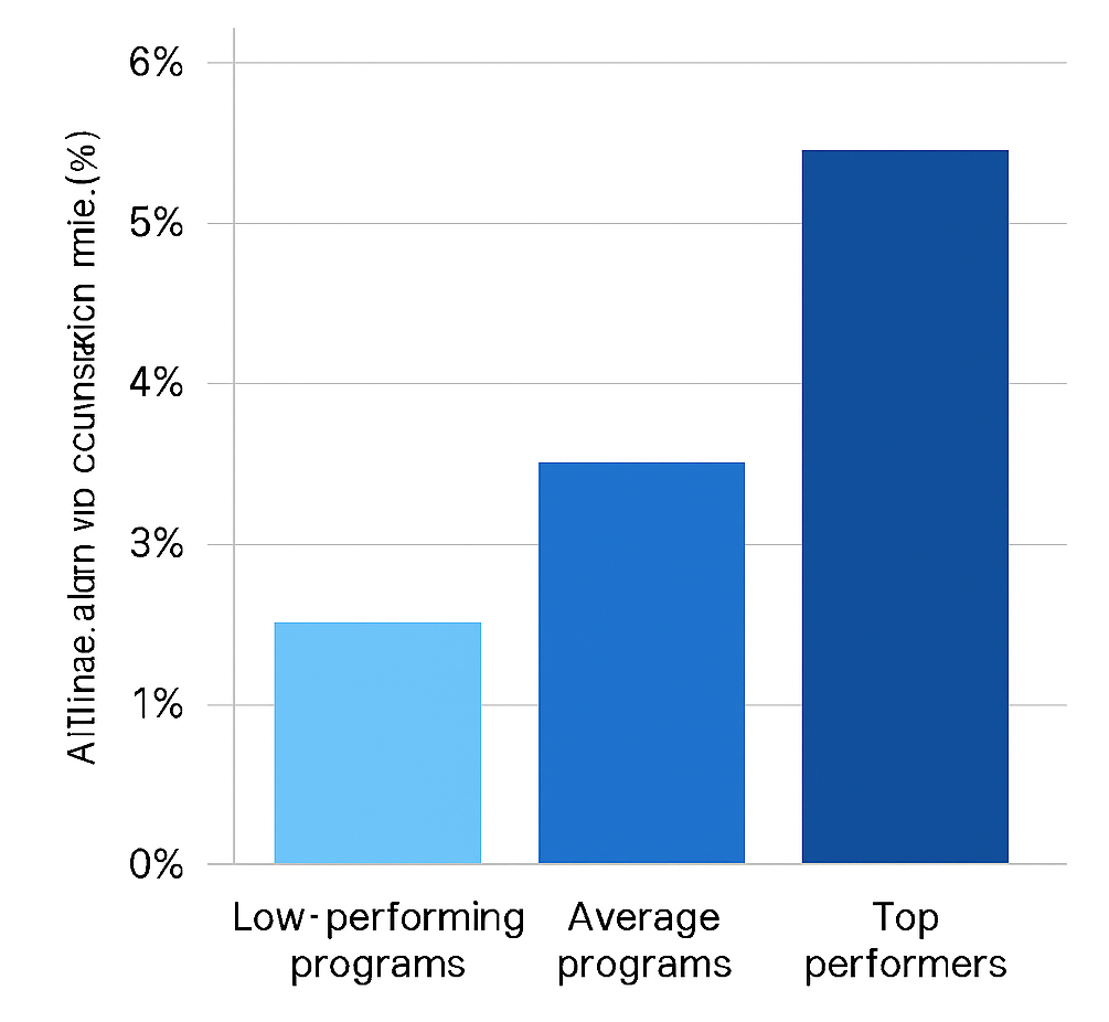 Bar chart comparing affiliate program sign-up conversion rates, showing low performers at around 1%, average programs at about 2–3%, and top performers at 5% or more.