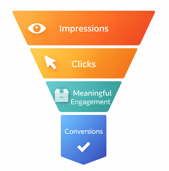 Funnel chart illustrating steep drop from impressions to clicks, engagement, and final conversions