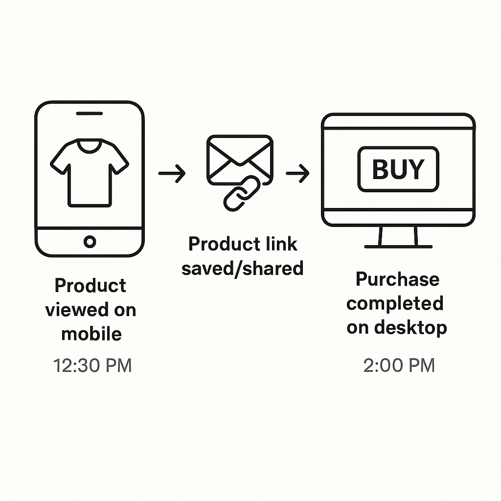 Infographic showing a three-step customer journey — viewing a product on mobile, saving the link via email, and completing the purchase on desktop — with timestamps and directional arrows between each stage.