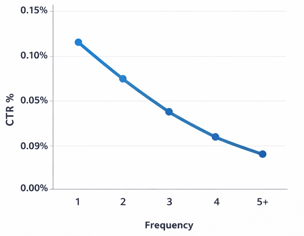 Line graph showing decreasing click-through rate as ad frequency increases, indicating audience saturation effects