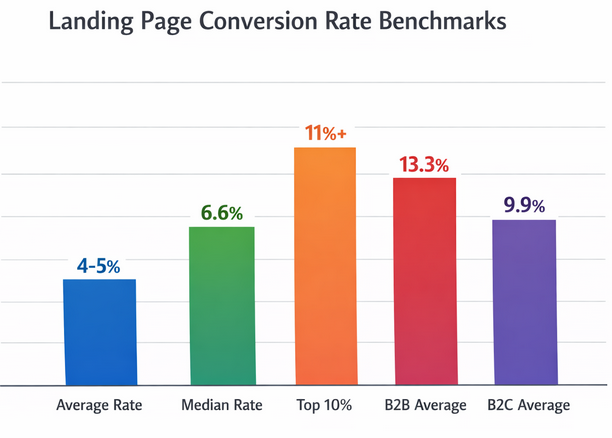 Bar chart showing average, median, top 10%, B2B, and B2C landing page conversion rates