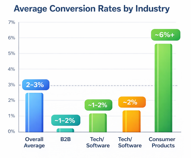 Bar chart comparing average conversion rates by industry (overall 2&ndash;3%, B2B ~1&ndash;2%, tech ~2%, consumer products ~6%+)
