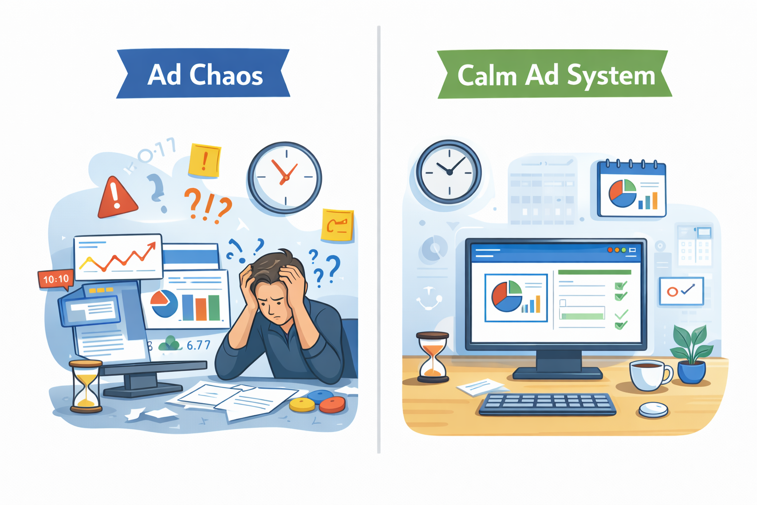 Side-by-side illustration of &ldquo;Ad Chaos&rdquo; with a stressed advertiser and cluttered screens vs. &ldquo;Calm Ad System&rdquo; with a clean, focused workspace.