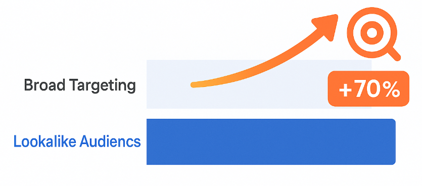 A horizontal bar chart comparing broad targeting versus Facebook Lookalike Audiences, showing that lookalike campaigns achieve approximately 70% higher conversion rates.