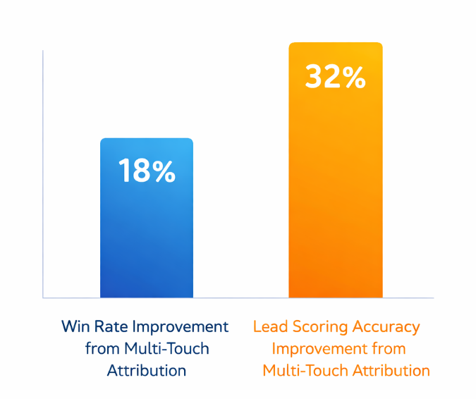 Dual bar chart showing multi-touch attribution improves B2B win rates by 18% and lead scoring accuracy by 32%