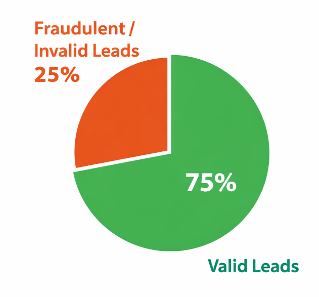 A pie chart showing 25% of lead traffic identified as fraudulent and 75% as valid