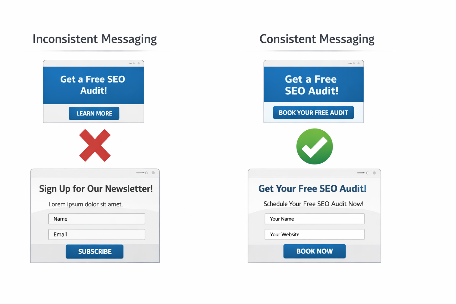 Side-by-side comparison showing inconsistent vs. consistent ad-to-landing page messaging, with a red X and green checkmark.