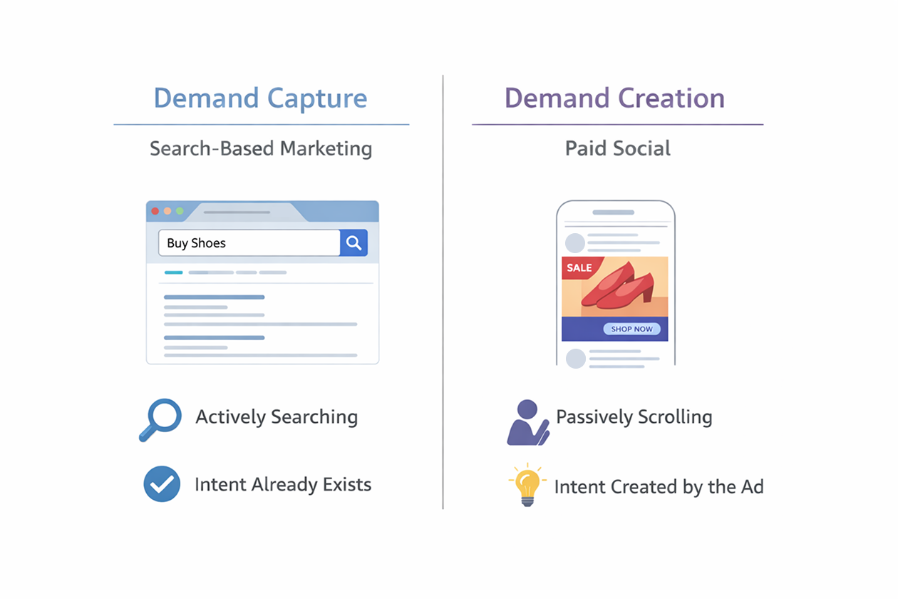 Infographic showing the difference between search-based marketing and paid social using mockups of a Google search and a shoe ad.