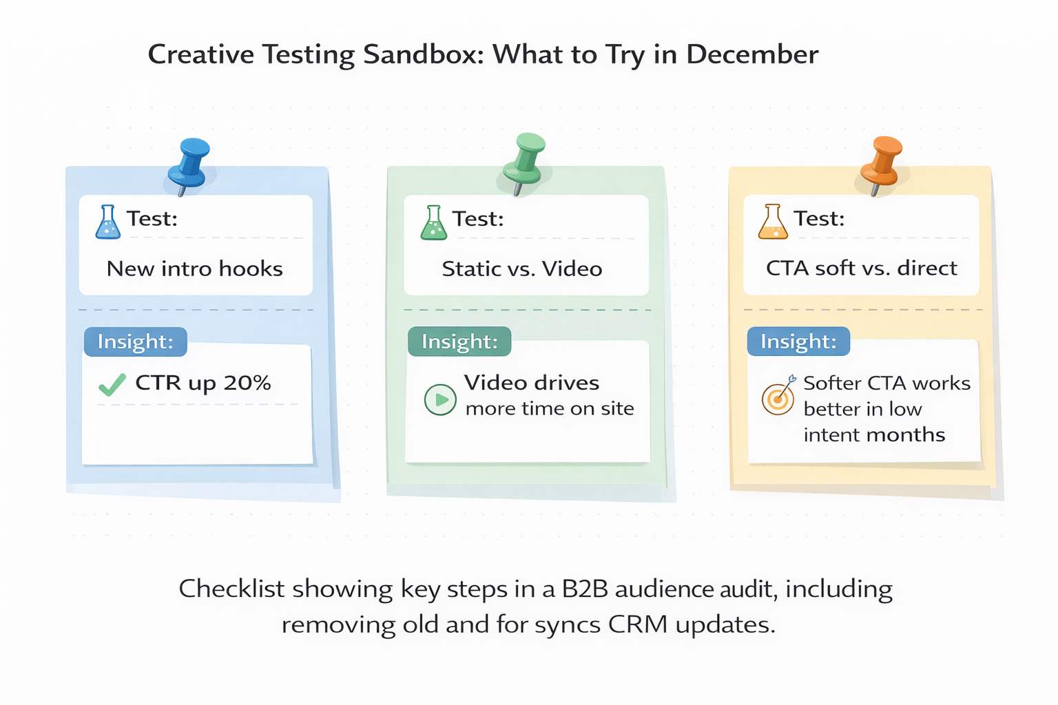 Sticky-note grid showing three creative tests for December with insights on CTR, engagement, and CTA performance.