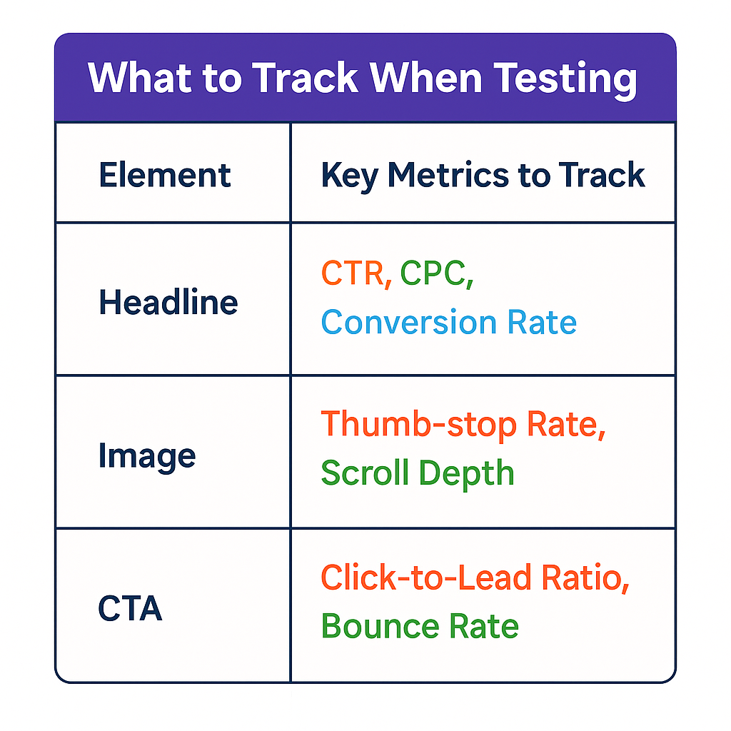 Table showing key metrics to track when testing headlines, images, and CTAs in ad campaigns.