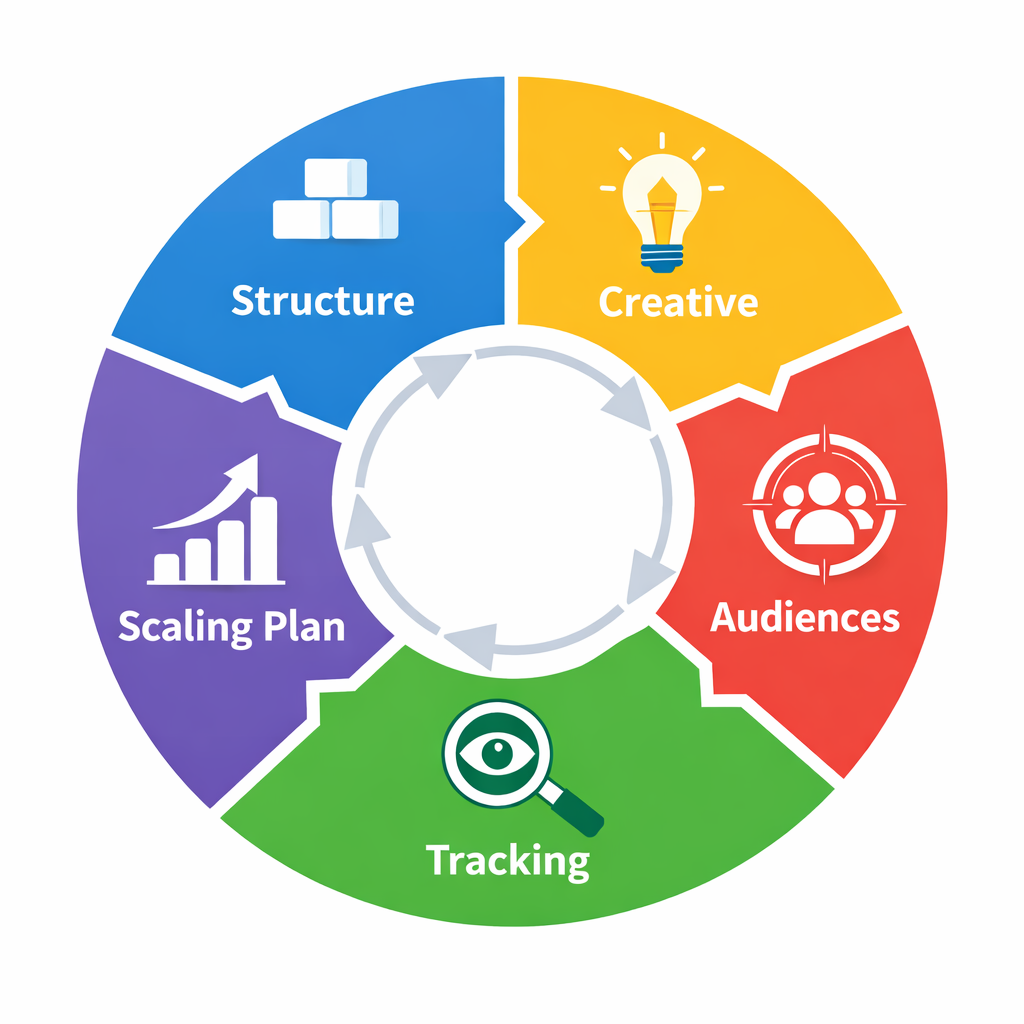 Circular infographic showing five core elements of a scalable campaign — Structure, Creative, Audiences, Tracking, and Scaling Plan — each represented by an icon in a segmented ring.