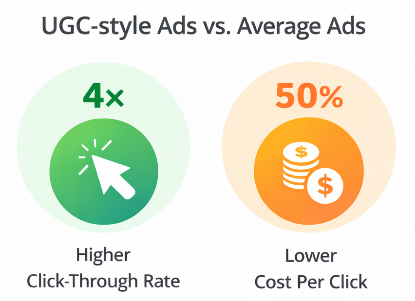 Infographic showing UGC-style ads with 4&times; higher click-through rate and 50% lower cost per click compared to average ads