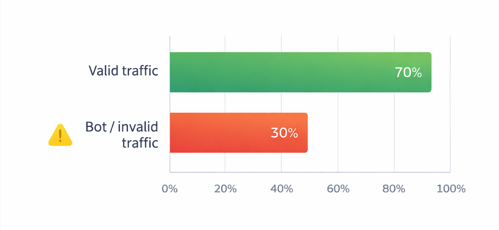 Bar chart illustrating that up to 30 percent of digital advertising budget may be lost to bot traffic and invalid clicks