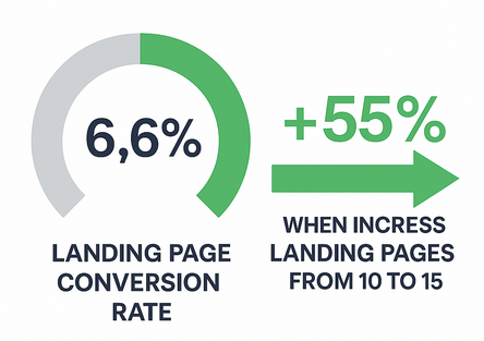 Gauge showing 6.6% average landing page conversion and arrow showing 55% increase in leads when increasing number of pages