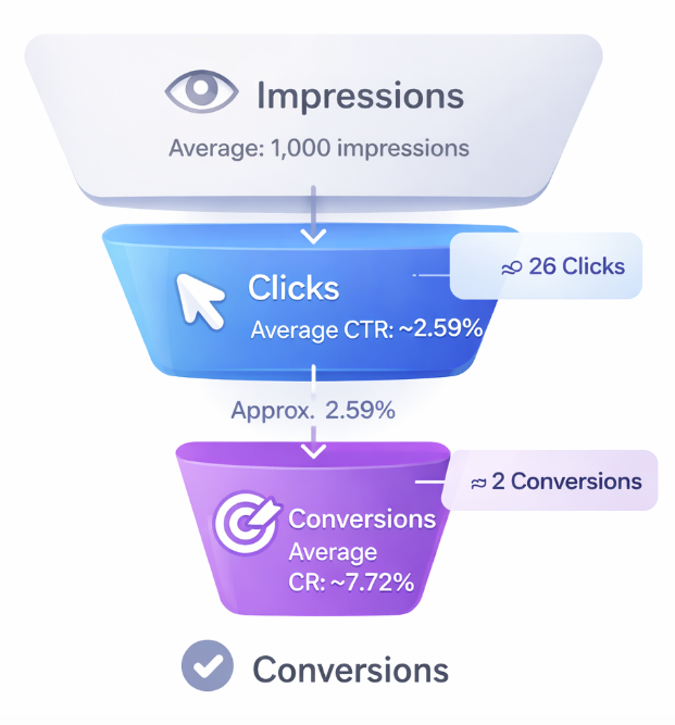 Funnel chart illustrating Meta ad performance from impressions to clicks to conversions, including average CTR and conversion rate benchmarks