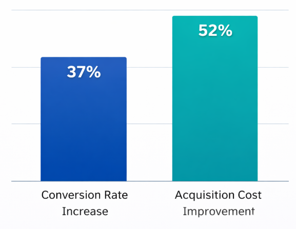 Bar chart showing a 37% increase in conversion rates and a 52% improvement in customer acquisition cost from AI-powered marketing strategies
