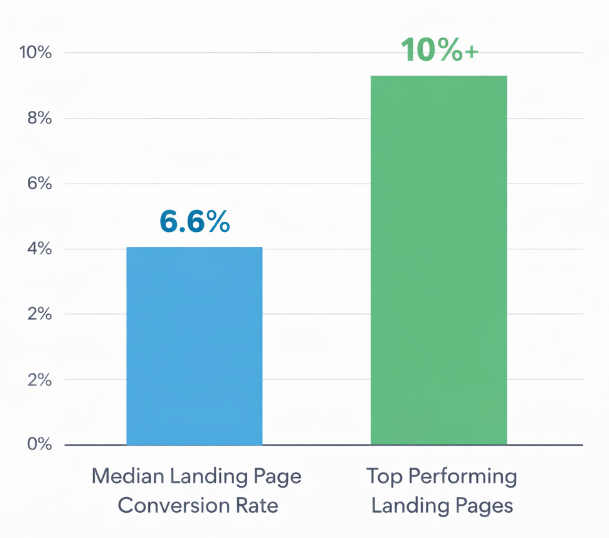Bar chart comparing median landing page conversion rate of 6.6% to top performing pages at 10%+