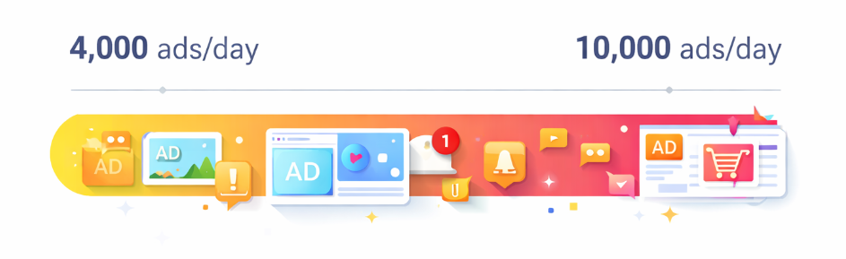 Bar chart illustrating that people are exposed to roughly four thousand to ten thousand advertisements per day