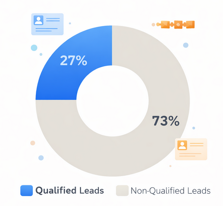 Donut chart showing that 27 percent of leads become sales qualified while 73 percent remain unqualified
