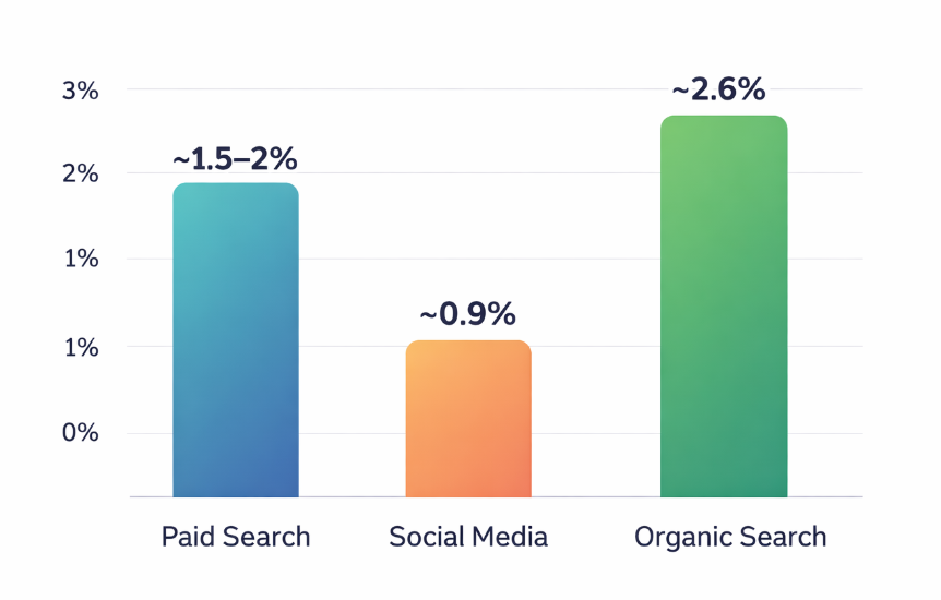 Column chart comparing B2B conversion rates showing paid search at approximately 1.5–2% and social media under 1 percent, with organic search higher