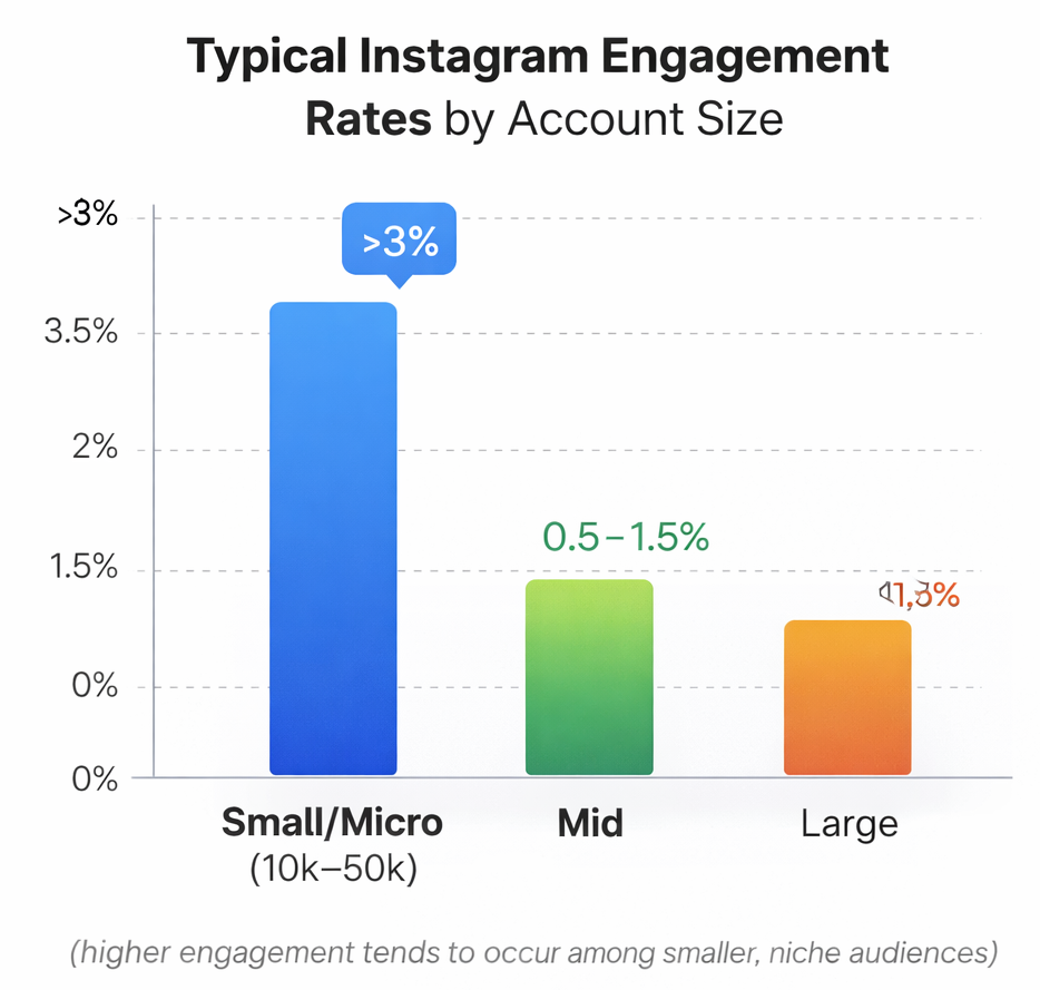 Bar chart showing Instagram engagement rates: Micro-influencers over 3%, average between 0.5% and 1.5%, illustrating engagement differences by account size.